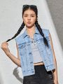 SHEIN Teen Girls Flap Pocket Ripped Denim Vest Jacket