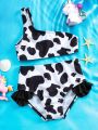 Baby Girl Cow Pattern Frill Trim Bikini Swimsuit