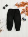 SHEIN Baby Boys' Denim Cargo Pants With Elasticized Cuffs