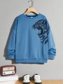 SHEIN Boys' Casual Round Neck Pullover Knit Sweater With Tiger Animal Print Pattern, Long Sleeve