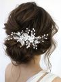 1pc White Soft Pottery Flower & Silver Leaf Bridal Hair Comb