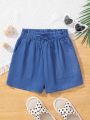 SHEIN Kids Cooltwn Tween Girls' Solid Color Woven Straight Shorts For Everyday Casual Wear In Spring And Summer