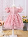 SHEIN Kids CHARMNG Young Girls' Romantic Party Puff Sleeve Dress With 3d Flowers, Summer