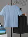SHEIN Kids EVRYDAY Tweens Boys' Color Block Ribbed Knit Short Sleeve T-Shirt And Shorts Set