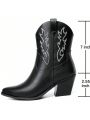 Cowgirl Boots for Women Embroidered Cowboy Boots Pointed Toe Ankle Boots Chunky Western Boots Pull-on Mid Calf Booties
