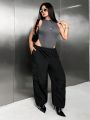 SHEIN ICON Plus Size Women'S Metallic Buttoned Round Neck Sleeveless Bodysuit