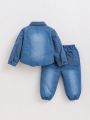 SHEIN Unisex Baby Denim-Looking Collared Button-Up Shirt And Footed Pants Set