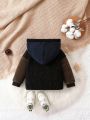 Baby Boy Letter Embroidery Colorblock Hooded Teddy Coat