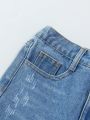 Tween Girls' Basic Casual Mid-blue Washed Ripped Loose Straight Leg Jeans For Daily Wear