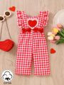 Infant Girls' Spring/Summer Solid Red Plaid Heart Shaped Print & Ruffled Trimmed Jumpsuit For Daily & Casual Wear