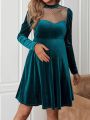 SHEIN Maternity Mesh Patchwork Waist-adjusted Velour Dress
