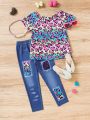SHEIN Kids EVRYDAY Young Girl Heart Printed Short Sleeve T-Shirt And Denim Pants Outfit