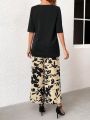 EMERY ROSE Women's Drawstring Round Neck Top And Print Pants Two Piece Set