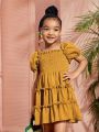 SHEIN Kids EVRYDAY Little Girls' Solid Color Knit Ribbed Ruffle Decorated Bubble Sleeve Dress