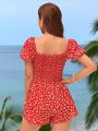 SHEIN Teenage Girl's Floral Printed Romper With Puff Sleeve For Summer Vacation