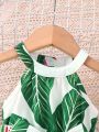 Baby Girl'S Summer Halter Neck Palm Leaf Printed Dress With A Vacation Style