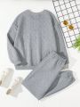 Ladies' Letter Embroidered Drop Shoulder Fleece Sweatshirt And Sweatpants Set