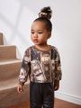 SHEIN Infant Girls' Casual Street-style Currency Pattern Long Sleeve Round Neck Sweatshirt
