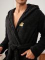 Men's Plush Hooded Bathrobe With Teddy Bear Embroidery, Suitable For Home Wear/Sleep Wear