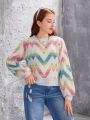 Teen Girls' Color Block Herringbone Pattern Sweater