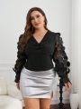 SHEIN Privé Plus Size Women Valentine's Day Elegant V-Neck Short Length Long Sleeve 3d Mesh Blouse With Collar And Front Pleats