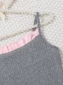 SHEIN Teenage Girls' Color Block Cami Top With Ruffle Hem & Shorts Sleepwear Set