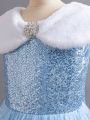 Tween Girls' Sparkly Mesh Fuzzy Waterfall Collar Dress With Rhinestone Embellishment