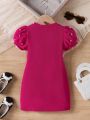 SHEIN Kids FANZEY Young Girl's Vintage And Simple Style Beaded Integrated Puff Sleeve Bubble Dress