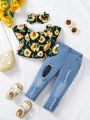 Baby Girl Casual Sunflower Printed Off-Shoulder Top And Ripped Denim Jeans