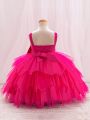 Little Girls' Glitter Mesh Spliced Butterfly Bowknot Adorned Party Dress With Spaghetti Straps