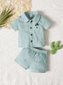 SHEIN Newborn Baby Boy Coconut Tree Printed Top & Solid Color Shorts Set