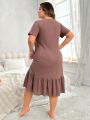Plus Size Women's Solid Color Short Sleeve Sleep Dress With Ruffle Hem