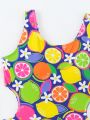 Teen Girl Random Printed Hollow Out Waist One Piece Swimsuit With Swim Pants