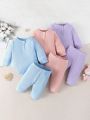 3pcs Newborn Baby Girls' Button Front Long Sleeve Rompers And Leggings Sleepwear Set