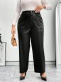 SHEIN Privé Plus Size Women's Pu Leather Pants With Double Pockets