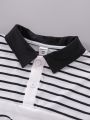 SHEIN Kids EVRYDAY Tween Boys' Loose Fit Casual Striped Color Block Polo Shirt With Slogan & Face Print