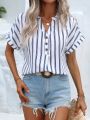 SHEIN LUNE Striped Print Half Button Batwing Sleeve Blouse