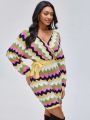 Elonson Collection Chevron Pattern Belted Wrap Sweater Dress