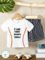 2pcs/Set Baby Boy's Cute Sports & Daily Casual Outfits, Including Slogan Print Short-Sleeved T-Shirt And Striped Shorts, For Spring/Summer