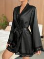 Lace Trim Belted Satin Robe