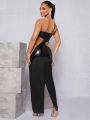 Asavvy One Shoulder Contrast Mesh PU Leather Dress
