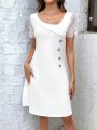EMERY ROSE Women's Lace Patchwork Asymmetric Collar Button Detail Dress
