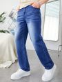 SHEIN Teen Boy's Elastic Leisure Loose Straight Leg Spring/Summer Washed Denim Jeans, Blue