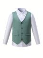 1pc Green Single-Breasted Suit Vest Coat And 1pc Suit Pants 2pcs Gentleman Suit Set For Tween Boy Holiday Party