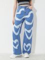 Teen Girls' Casual Fashionable Wide Leg Jeans With Heart Print