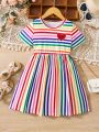 SHEIN Kids EVRYDAY Girls' Striped Colorful Round Neck Heart Pattern Detail Casual Dress