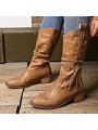 Fashionable Women's Brown Cowboy Boots With Chunky Heels & Pointed Toe