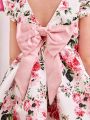 SHEIN Kids FANZEY Little Girls' Round Neck Flutter Sleeve, V-Back, Big Bow Tie Decorated, Pleated Hem, Floral Patterned Dress