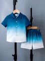 SHEIN Kids SUNSHNE Boys' (Toddlers) Gradient Color Shirt And Shorts Set