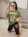 SHEIN Teen Girls' Slogan Print Round Neck T-Shirt And Leggings Set